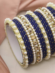 Women Royal Blue Elegant Pearl Mat Bond Bangles Set