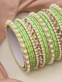 Women Light Green Elegant Pearl Mat Bond Bangles Set