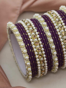 Women Mauve Purple Elegant Pearl Mat Bond Bangles Set