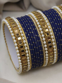 Women Royal Blue Stylish Dotted Design Set with Kundan Bangles