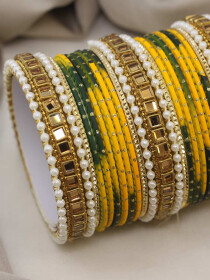Women Yellow & Green Stylish Dotted Design Set with Kundan Bangles