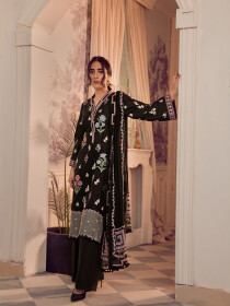 Women Black Unstitched 3pc Embroidered Lawn Suit