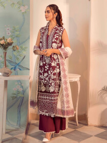 Women Maroon 3pc Unstitched Lawn With Voile Dupatta