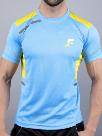 Sky Blue/Yellow Athletic Fit Men's T-Shirt & Shorts