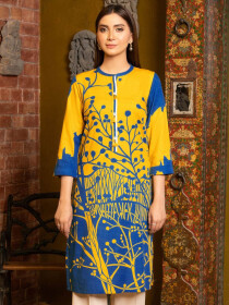 Yellow Printed Slub Khaddar Unstitched Shirt for Women
