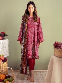 Red Printed Slub Khaddar Unstitched 2 Piece Suit for Women