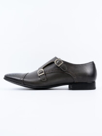 Men's Leather Grey Double Monk Wingtip Dress Shoe