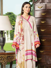 Beige Printed Lawn Unstitched 2 Piece Suit for Women