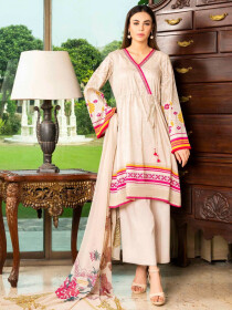 Beige Printed Lawn Unstitched 2 Piece Suit for Women
