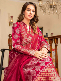 Dark Pink Printed Jacquard Unstitched 2 Piece Suit for Women