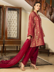 Red Printed Jacquard Unstitched 2 Piece Suit for Women