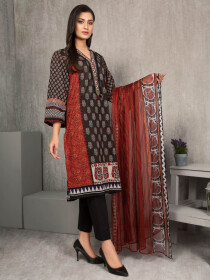 Brown Printed Lawn Unstitched 2 Piece Suit for Women