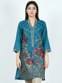 Peacock Blue Printed Embroidered Lawn Shirt for Women