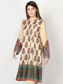 Cream Printed Embroidered Lawn Shirt for Women