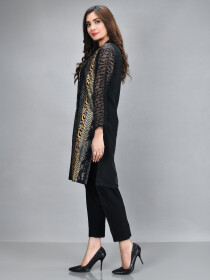 Black Printed Embroidered Embroidered Organza Shirt for Women