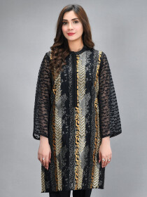 Black Printed Embroidered Embroidered Organza Shirt for Women