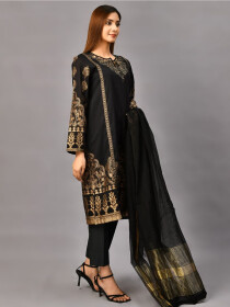 Black Embroidered Jacquard Stitched 2pcs Suit for Women