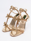 Three Crystal Bow Buckle Strap Golden High Heel Sandal