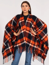 Women Orange/Black Plaid Multi Cape Shawl