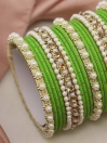 Women Glow Green Elegant Pearl Mat Bond Bangles Set